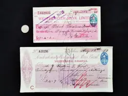 VINTAGE CHEQUE WW2 1919 1945 WESTMINSTER BANK WESTERHAM BETHNAL GREEN BIGGIN X2