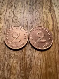 2 BEAUTIFUL WW2 ERA GERMAN COINS 2  REICHSPFENNIG AUTHENTIC NAZI VINTAGE ANTIQUE