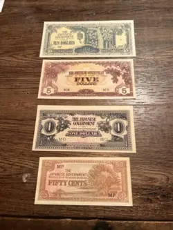 LOT OF 4 WW2 JAPANESE OCCUPATION OF MALAYA CURRENCY NOTES. UNC PRISTINE NOTES