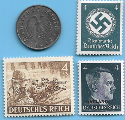 GERMANY WW2 1942 A 10 RPF SWASTIKA COIN & HITLER SWASTIKA STAMP LOT WW2 ERA #62