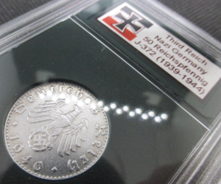 NAZI 50 REICHSPFENNIG COIN *WITH CASE*: GENUINE THIRD REICH SWASTIKA WW2 GERMANY