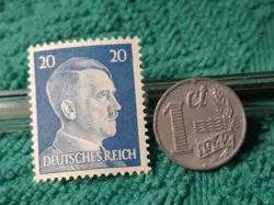 NETHERLANDS 1942 1 CENT, WWII PIECE ~  VINTAGE COIN   BLUE 20PF GERMAN WW2 STAMP