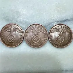 3 BEAUTIFUL WW2 ERA GERMAN COINS 2  REICHSPFENNIG AUTHENTIC NAZI VINTAGE ANTIQUE