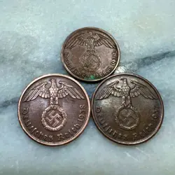 3 GERMAN COINS  1 & 2 REICHSPFENNIG WW2 ERA AUTHENTIC NAZI VINTAGE SWASTIKA