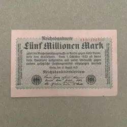 1923 GERMAN 5 MILLION MARK BANKNOTE, GERMANY CURRENCY ERA BETWEEN WWI WW2 WWII