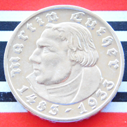 GERMAN 5 REICHSMARK 1933 J MARTIN LUTHER SILVER COIN 3RD REICH WW2   RARE   MARK