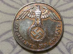 THIRD REICH GERMANY  WW2-ERA 1 REICHSPFENNIG (PFENNIG) BRONZE COIN GENUINE