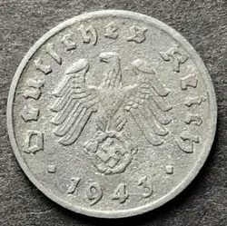 GERMANY-1943-THIRD REICH - 1 REICHSPFENNIG  COIN-WORLD WAR 2 - MINT D - MUNICH