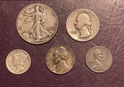 VINTAGE WW2 COIN LOT (5 COINS) SILVER HALF, SILVER DIME, SILVER WAR NICKEL!