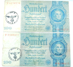 GERMAN BANKNOTE 2X 100 REICHSMARK 1935 SWASTIKA WW2 MONEY BILL MILITARY STAMPED