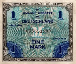 GERMANY 1 MARK WW2 ALLIED OCCUPATION BANKNOTE 1944 UNC
