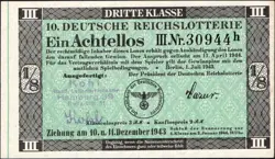 10. GERMANY 1/8 LOTTERY TICKET REICHSLOTTERIE 1943 - WW2 - SERIES: 30944H- #B19