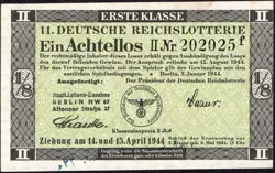 11. GERMANY 1/8 LOTTERY TICKET REICHSLOTTERIE 1944 - WW2 - SERIES: 202025F - #B9