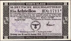 10. GERMANY 1/8 LOTTERY TICKET REICHSLOTTERIE 1944 - WW2 - SERIES: 1711E- #B20