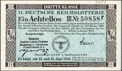 11. GERMANY 1/8 LOTTERY TICKET REICHSLOTTERIE 1944 - WW2 - SERIES: 50858F- #B19