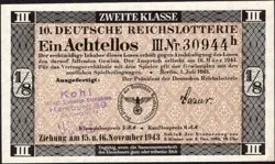 10. GERMANY 1/8 LOTTERY TICKET REICHSLOTTERIE 1943 - WW2 - SERIES: 30944H- #B18