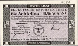 12. GERMANY 1/8 LOTTERY TICKET REICHSLOTTERIE 1944 - WW2 - SERIES: 50858F - #B9