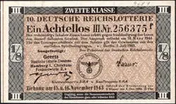 10. GERMANY 1/8 LOTTERY TICKET REICHSLOTTERIE 1943 - WW2 - SERIES: 256375F- #B18