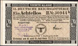 11. GERMANY 1/8 LOTTERY TICKET REICHSLOTTERIE 1944 - WW2 - SERIES: 30944H- #B20