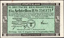 11. GERMANY 1/8 LOTTERY TICKET REICHSLOTTERIE 1944 - WW2 -SERIES: 256375F- #B22
