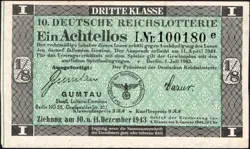 10. GERMANY 1/8 LOTTERY TICKET REICHSLOTTERIE 1943 - WW2 - SERIES: 100180E- #B19