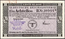 12. GERMANY 1/8 LOTTERY TICKET REICHSLOTTERIE 1944 - WW2 - SERIES: 30944H - #B9