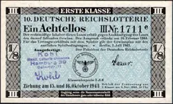 10. GERMANY 1/8 LOTTERY TICKET REICHSLOTTERIE 1943 - WW2 - SERIES: 1711E - #B9