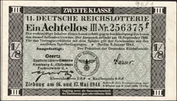 11. GERMANY 1/8 LOTTERY TICKET REICHSLOTTERIE 1944 - WW2 - SERIES: 256375F- #B18