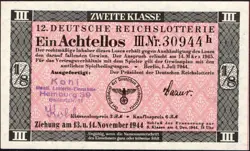 12. GERMANY 1/8 LOTTERY TICKET REICHSLOTTERIE 1944 - WW2 - SERIES: 30944H- #B18