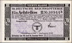 10. GERMANY 1/8 LOTTERY TICKET REICHSLOTTERIE 1944 - WW2 - SERIES: 30944H- #B20