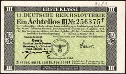 11. GERMANY 1/8 LOTTERY TICKET REICHSLOTTERIE 1944 - WW2 - SERIES: 256375F - #B9