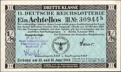 11. GERMANY 1/8 LOTTERY TICKET REICHSLOTTERIE 1944 - WW2 - SERIES: 30944H- #B19