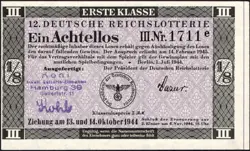 12. GERMANY 1/8 LOTTERY TICKET REICHSLOTTERIE 1944 - WW2 - SERIES: 1711E - #B9