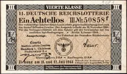 11. GERMANY 1/8 LOTTERY TICKET REICHSLOTTERIE 1944 - WW2 - SERIES: 50858F- #B20