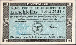 12. GERMANY 1/8 LOTTERY TICKET REICHSLOTTERIE 1945 - WW2 -SERIES: 52461E- #B22