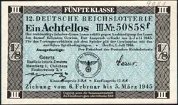 12. GERMANY 1/8 LOTTERY TICKET REICHSLOTTERIE 1945 - WW2 -SERIES: 50858F- #B22