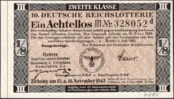 10. GERMANY 1/8 LOTTERY TICKET REICHSLOTTERIE 1943 - WW2 - SERIES: 328052D- #B18