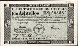11. GERMANY 1/8 LOTTERY TICKET REICHSLOTTERIE 1944 - WW2 - SERIES: 50858F- #B18