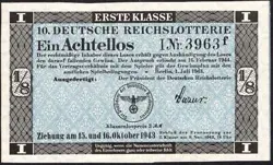 10. GERMANY 1/8 LOTTERY TICKET REICHSLOTTERIE 1943 - WW2 - SERIES: 3963F - #C63