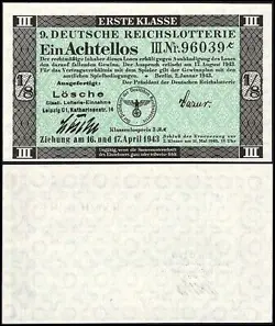 9. GERMANY 1/8 LOTTERY TICKET REICHSLOTTERIE 1943 - WW2 - SERIES: 96039K - #A31