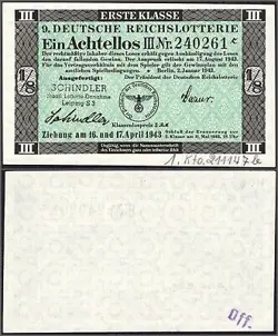 9. GERMANY 1/8 LOTTERY TICKET REICHSLOTTERIE 1943 - WW2 - SERIES: 240261K - #A31