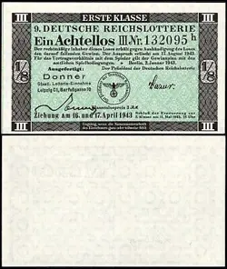 9. GERMANY 1/8 LOTTERY TICKET REICHSLOTTERIE 1943 - WW2 - SERIES: 132095H - #A31