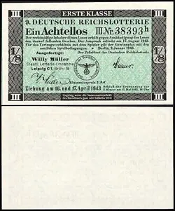 9. GERMANY 1/8 LOTTERY TICKET REICHSLOTTERIE 1943 - WW2 - SERIES: 38393H - #A31