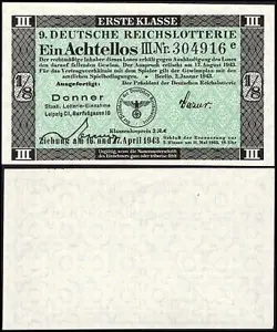 9. GERMANY 1/8 LOTTERY TICKET REICHSLOTTERIE 1943 - WW2 - SERIES: 304916E - #A31