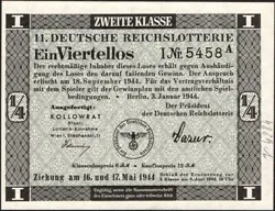 11. GERMANY 1/4 LOTTERY TICKET REICHSLOTTERIE 1944 - WW2 - SERIES: 5458 A - #D17