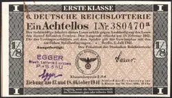 6. GERMANY 1/8 LOTTERY TICKET REICHSLOTTERIE 1941 - WW2 - SERIES: 380470A - #D86