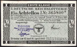 7. GERMANY 1/8 LOTTERY TICKET REICHSLOTTERIE 1942 - WW2 - SERIES: 365800 E- #C18