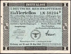 7. GERMANY 1/4 LOTTERY TICKET REICHSLOTTERIE 1942 - WW2 - SERIES: 38294 D - #C18