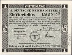 11. GERMANY 1/4 LOTTERY TICKET REICHSLOTTERIE 1944 - WW2 - SERIES: 5910 B - #D17