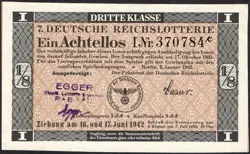 7. GERMANY 1/8 LOTTERY TICKET REICHSLOTTERIE 1942 - WW2 - SERIES: 370784 C- #C18